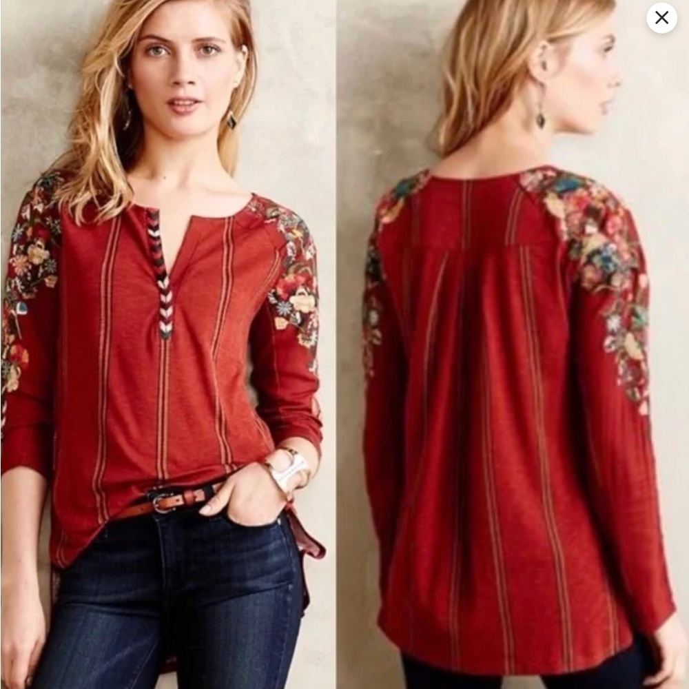 Anthropologie Tiny Rust Edelweiss Embroidered High Low Striped Top Size S